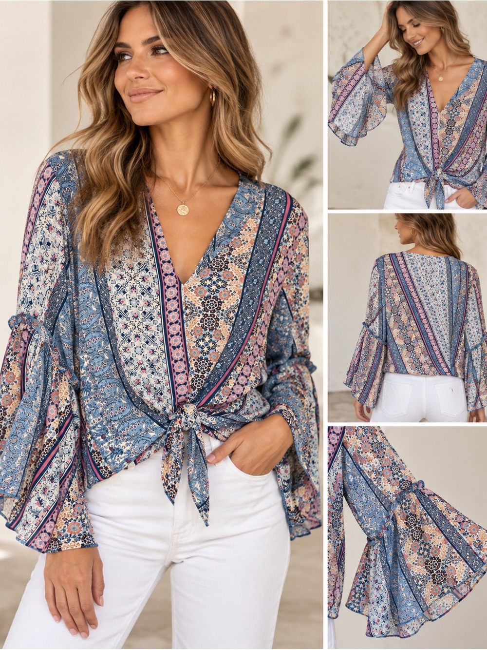 lavender field Patchwork Tie-Front Blouse in Blue, Pink and Cream